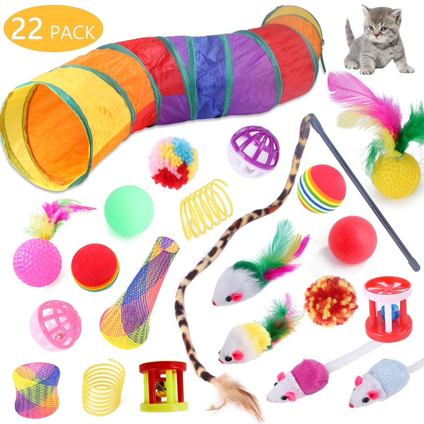 22pcs Cat Toys Kitten Toy Set Folding Camouflage Cat Tunnel Indoor Interactive Pet Toys Teaser Cat Feather Toy Colorful Mouse Plush Ball Bell Ball Toy Kit Kitten Puppy (Colorful)