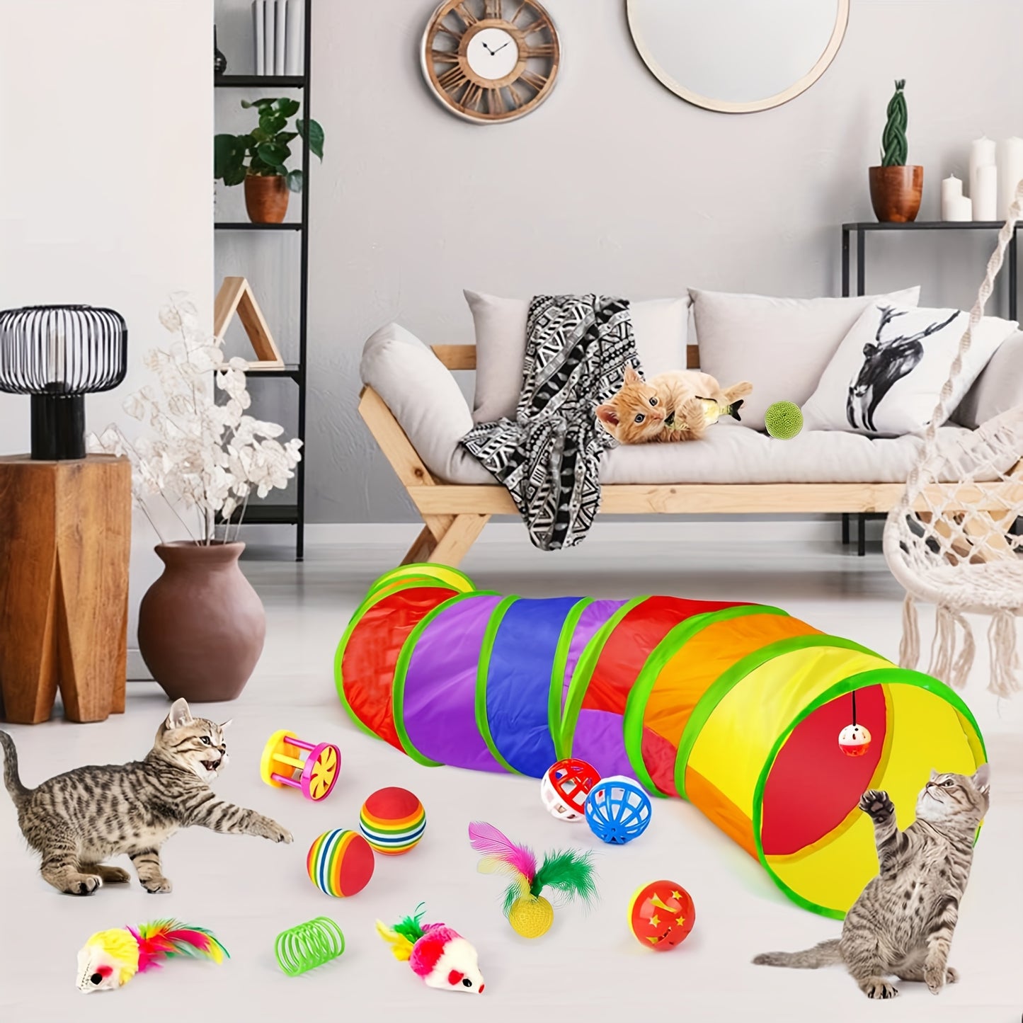 22pcs Cat Toys Kitten Toy Set Folding Camouflage Cat Tunnel Indoor Interactive Pet Toys Teaser Cat Feather Toy Colorful Mouse Plush Ball Bell Ball Toy Kit Kitten Puppy (Colorful)